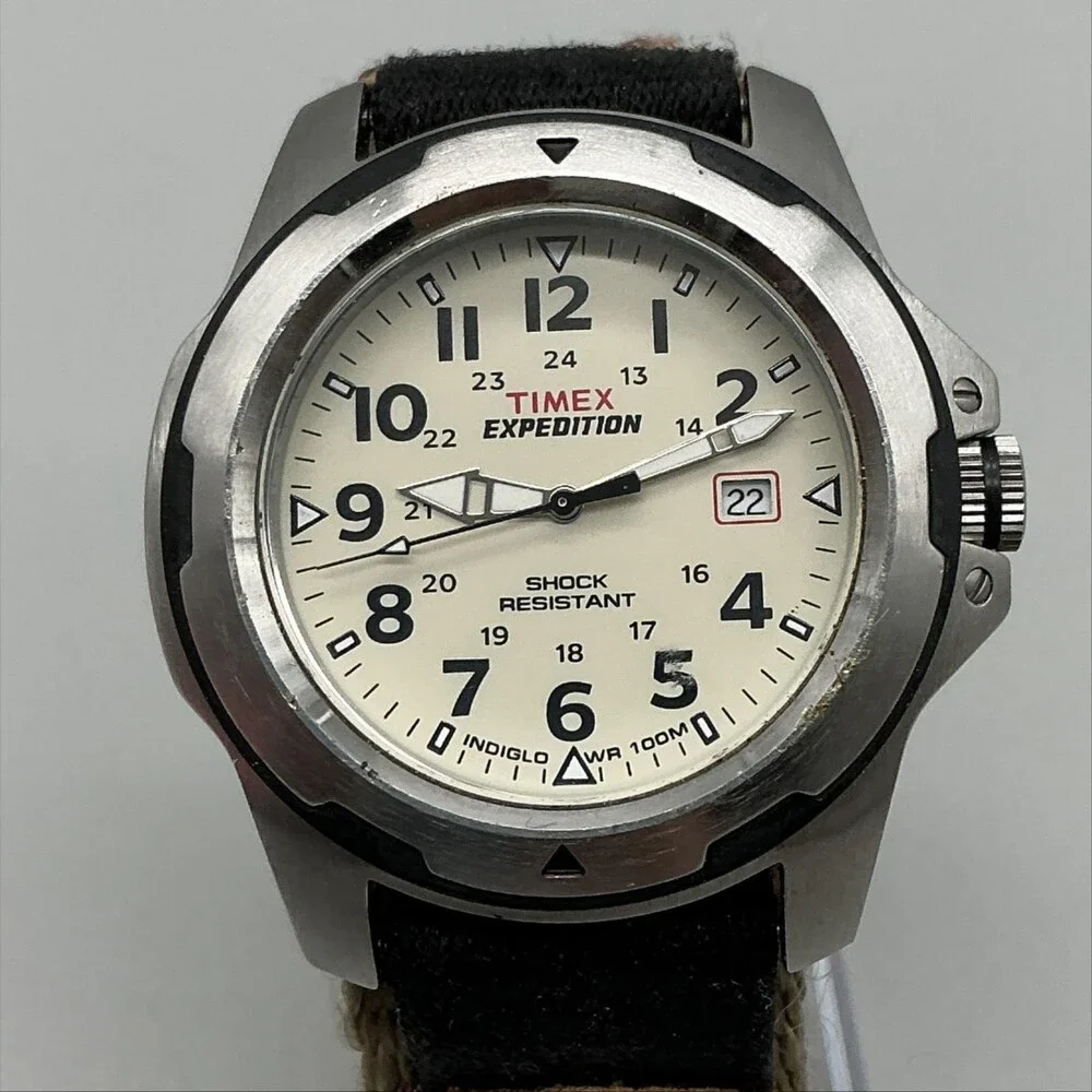 Timex Expedition Indiglo Mens Watch 42mm Cream Dial Beige Canvas Strap WR 100M